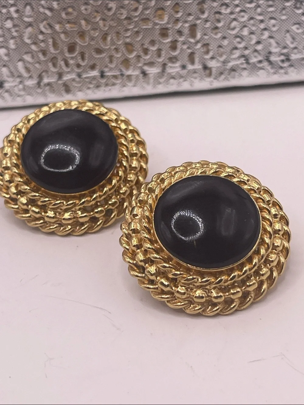 07.08.26-4 Vintage St. John Goldtone Rope Trim Earrings with Faux Onyx Centers